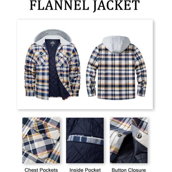 Men's Quilted Lined Flannel Hoodie Jacket Cotton Button Down Shirt Jacket - Picture 4 of 12